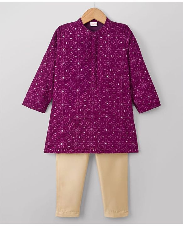 Babyhug Georgette Woven Full Sleeves Floral Embroidered & Sequinned Kurta Pajama Set - Wine