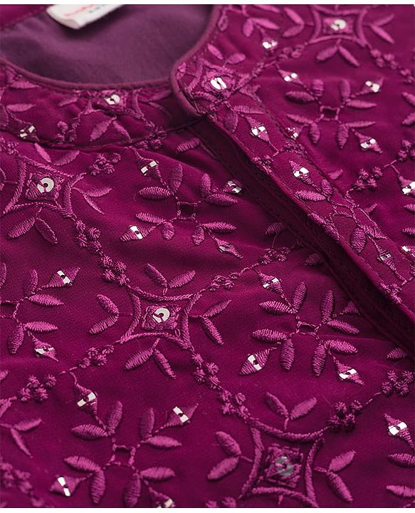 Babyhug Georgette Woven Full Sleeves Floral Embroidered & Sequinned Kurta Pajama Set - Wine