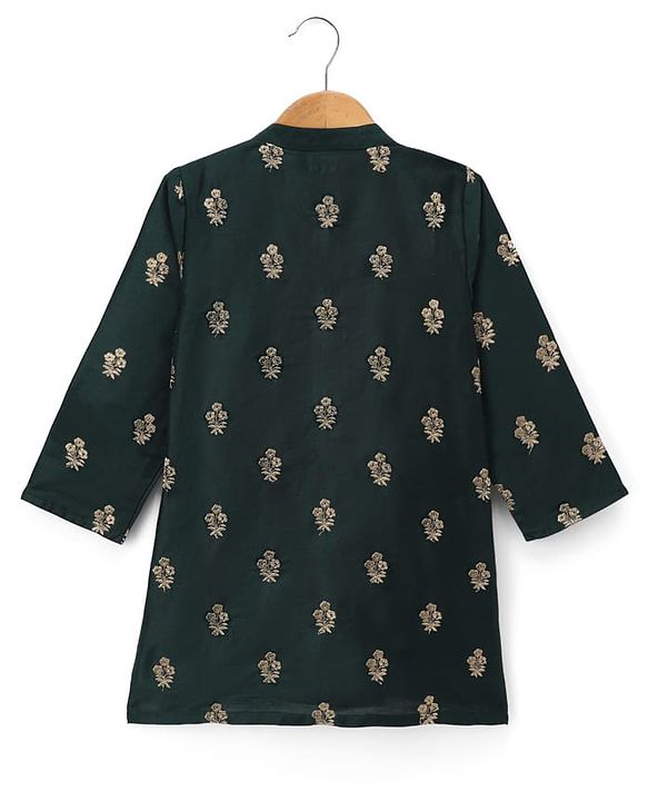 Babyhug Chanderi Woven Full Sleeves Floral Embroidered Kurta Pajama Set - Dark Green