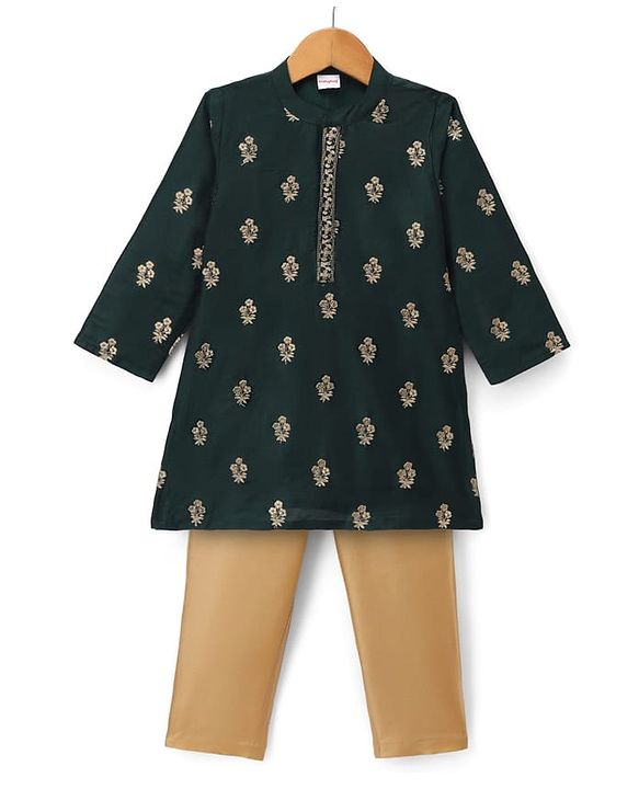 Babyhug Chanderi Woven Full Sleeves Floral Embroidered Kurta Pajama Set - Dark Green