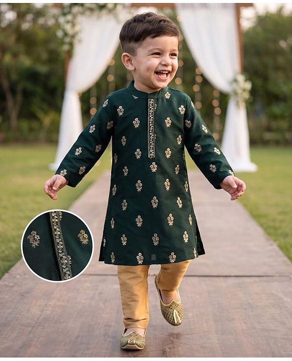 Babyhug Chanderi Woven Full Sleeves Floral Embroidered Kurta Pajama Set - Dark Green