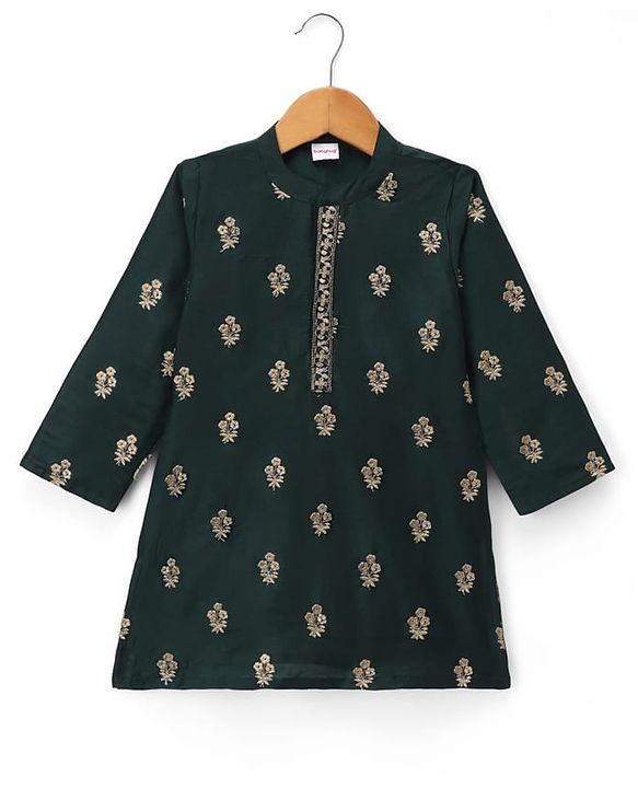 Babyhug Chanderi Woven Full Sleeves Floral Embroidered Kurta Pajama Set - Dark Green