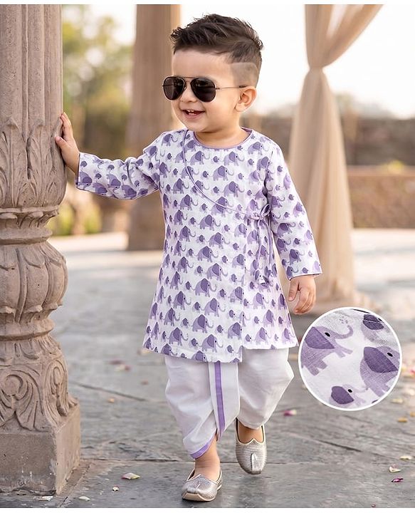 Babyhug 100% Cotton Cambric Woven Full Sleeves Kurta Dhoti Set with Elephant Print - White