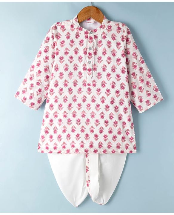 Babyhug 100% Cotton Cambric Woven Full Sleeves Floral Printed Kurta & Dhoti Set - White
