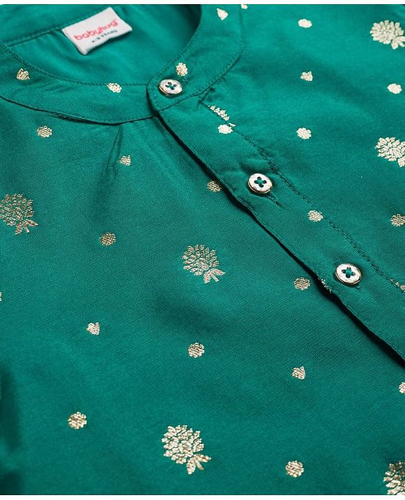 Babyhug Brocade Woven Full Sleeves Floral Embroidered Kurta Dhoti Set - Teal Blue