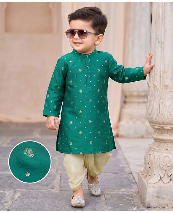 Babyhug Brocade Woven Full Sleeves Floral Embroidered Kurta Dhoti Set - Teal Blue