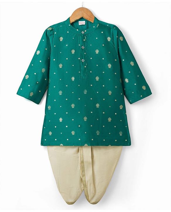 Babyhug Brocade Woven Full Sleeves Floral Embroidered Kurta Dhoti Set - Teal Blue