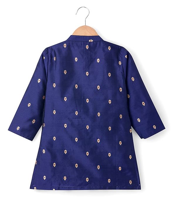Babyhug Brocade Woven Full Sleeves Kurta Pajama Set with Floral Embroidery - Navy Blue