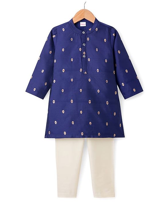 Babyhug Brocade Woven Full Sleeves Kurta Pajama Set with Floral Embroidery - Navy Blue