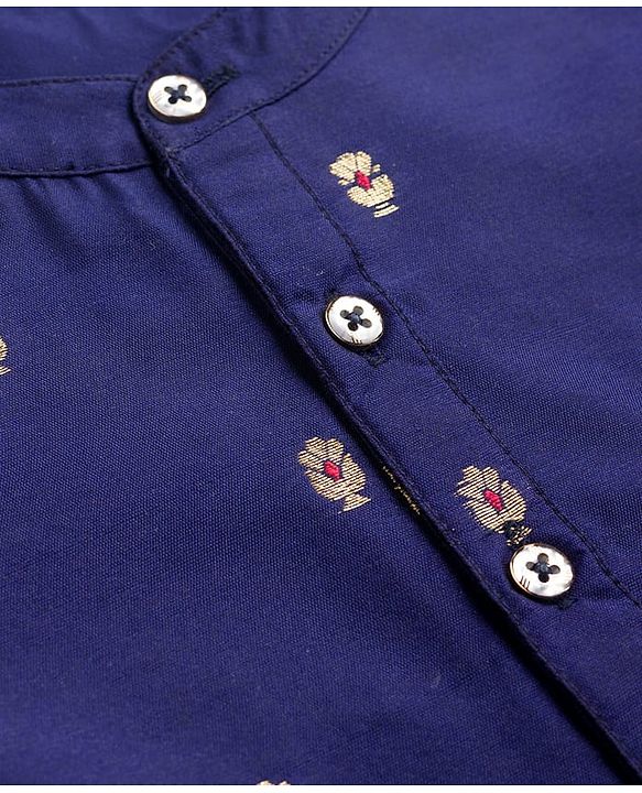 Babyhug Brocade Woven Full Sleeves Kurta Pajama Set with Floral Embroidery - Navy Blue