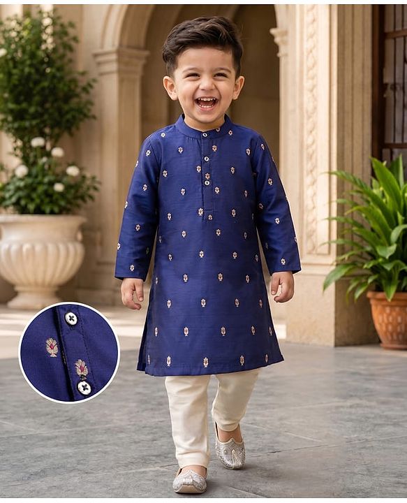 Babyhug Brocade Woven Full Sleeves Kurta Pajama Set with Floral Embroidery - Navy Blue