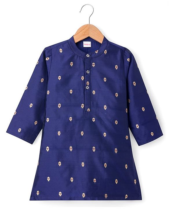 Babyhug Brocade Woven Full Sleeves Kurta Pajama Set with Floral Embroidery - Navy Blue