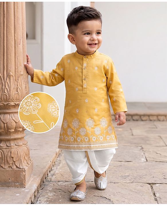 Babyhug Woven Full Sleeves Floral Embroidered Kurta Dhoti Set - Yellow