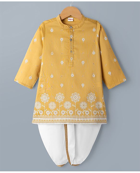 Babyhug Woven Full Sleeves Floral Embroidered Kurta Dhoti Set - Yellow