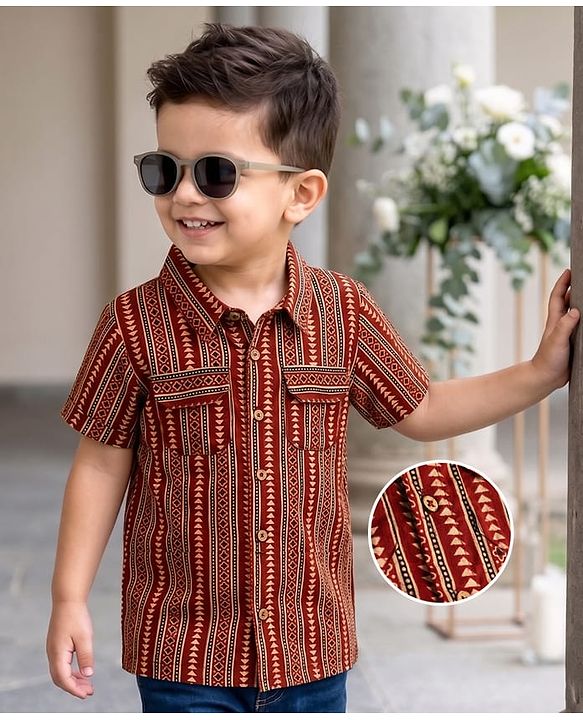 Babyhug 100% Cotton Woven Half Sleeves Striped & Printed Kurta - Maroon