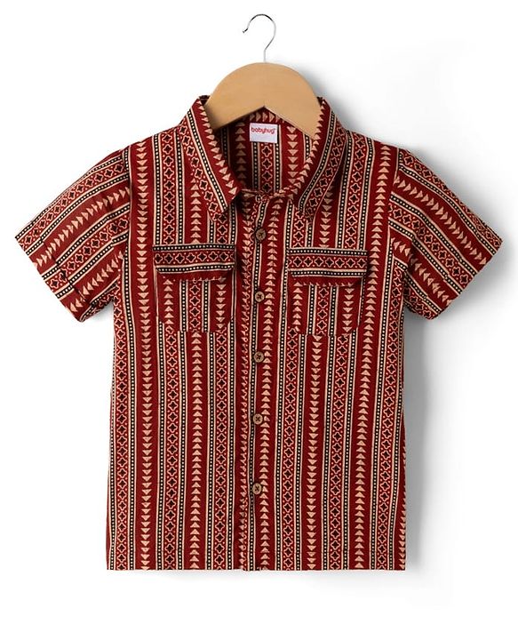 Babyhug 100% Cotton Woven Half Sleeves Striped & Printed Kurta - Maroon