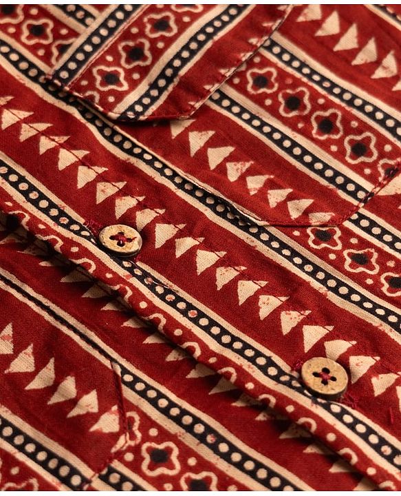Babyhug 100% Cotton Woven Half Sleeves Striped & Printed Kurta - Maroon