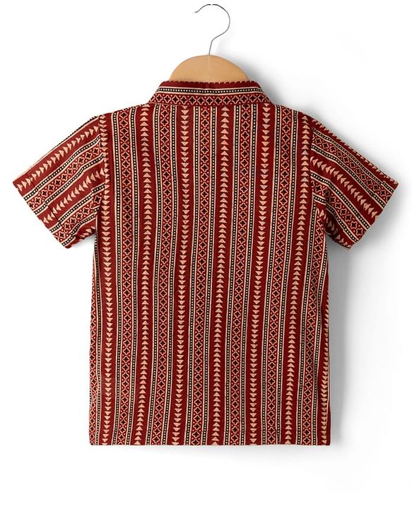 Babyhug 100% Cotton Woven Half Sleeves Striped & Printed Kurta - Maroon
