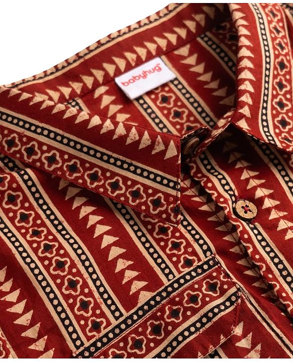 Babyhug 100% Cotton Woven Half Sleeves Striped & Printed Kurta - Maroon