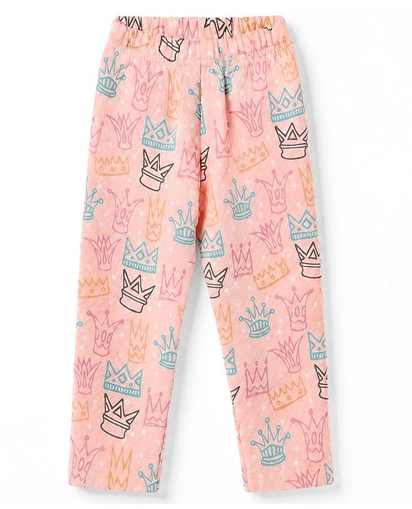 Babyhug Cotton Knit Full Sleeves Quilted Co-Ords T-Shirt & Pyjama Winter Wear Night Suit with Crown Print - Pink