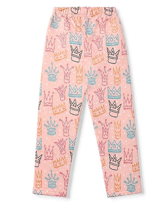 Babyhug Cotton Knit Full Sleeves Quilted Co-Ords T-Shirt & Pyjama Winter Wear Night Suit with Crown Print - Pink