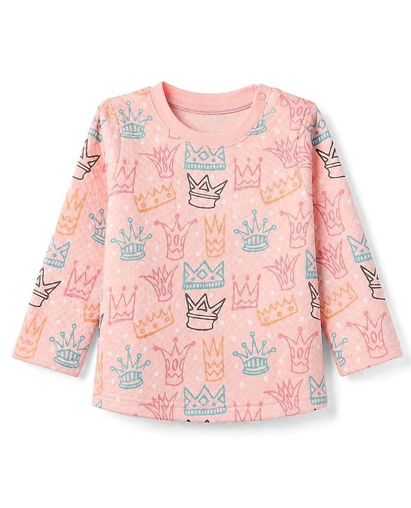 Babyhug Cotton Knit Full Sleeves Quilted Co-Ords T-Shirt & Pyjama Winter Wear Night Suit with Crown Print - Pink