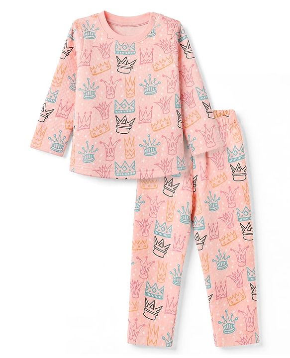 Babyhug Cotton Knit Full Sleeves Quilted Co-Ords T-Shirt & Pyjama Winter Wear Night Suit with Crown Print - Pink