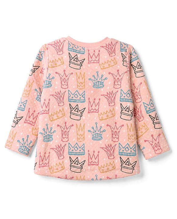 Babyhug Cotton Knit Full Sleeves Quilted Co-Ords T-Shirt & Pyjama Winter Wear Night Suit with Crown Print - Pink