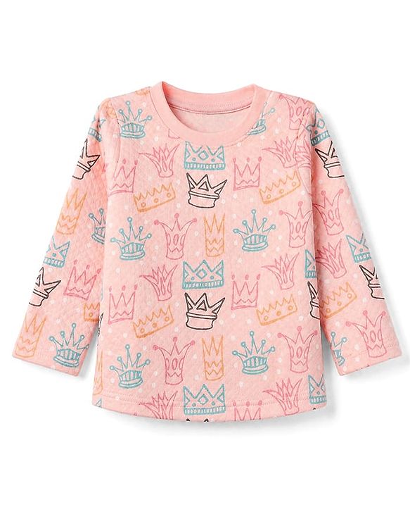 Babyhug Cotton Knit Full Sleeves Quilted Co-Ords T-Shirt & Pyjama Winter Wear Night Suit with Crown Print - Pink