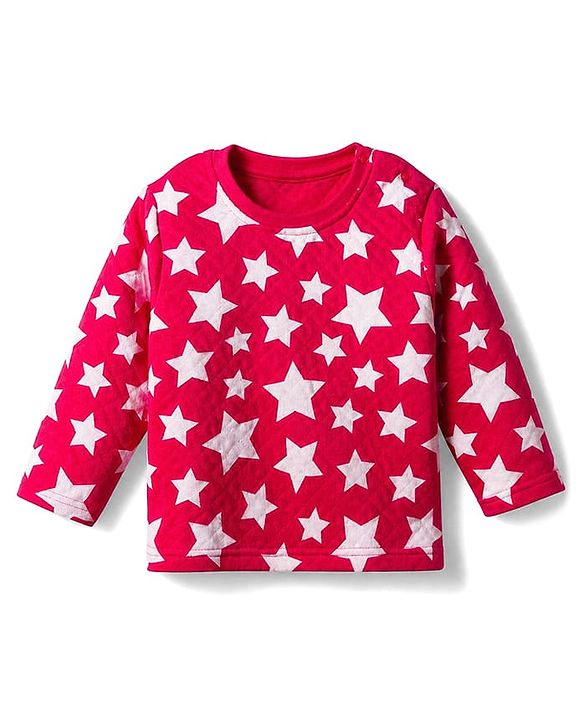 Babyhug Cotton Knit Full Sleeves Quilted Co-Ords T-Shirt & Pyjama Winter Wear Night Suit with Star Print - Red