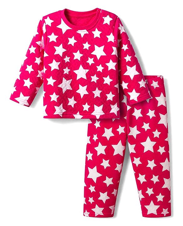 Babyhug Cotton Knit Full Sleeves Quilted Co-Ords T-Shirt & Pyjama Winter Wear Night Suit with Star Print - Red