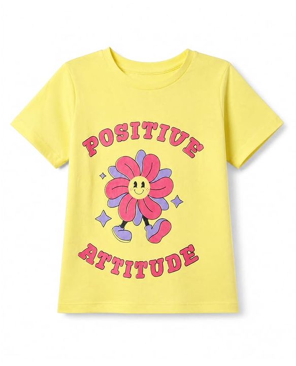 Pine Kids Cotton Knit Half Sleeves T-Shirts with Positive Attitude & Enjoy Every Moment Text and Flower Butterfly Print Pack of 3 - Yellow Red & Purple