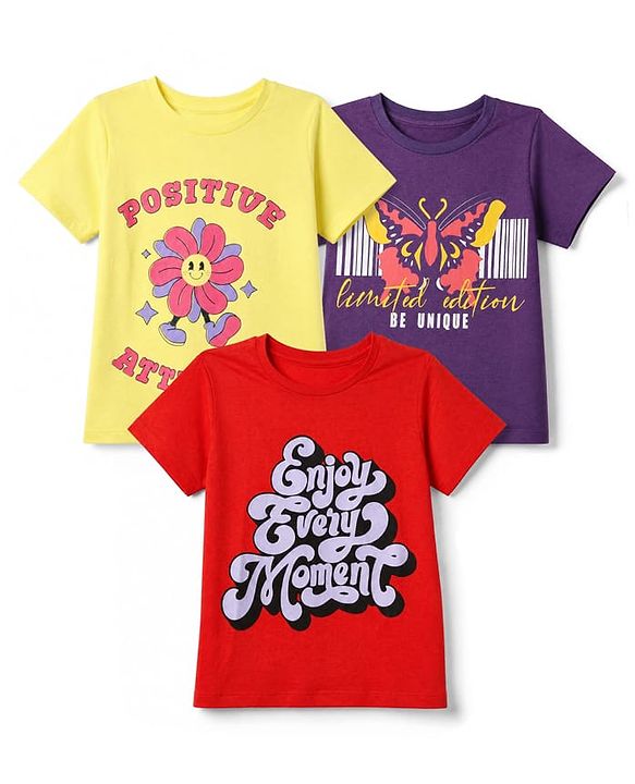 Pine Kids Cotton Knit Half Sleeves T-Shirts with Positive Attitude & Enjoy Every Moment Text and Flower Butterfly Print Pack of 3 - Yellow Red & Purple