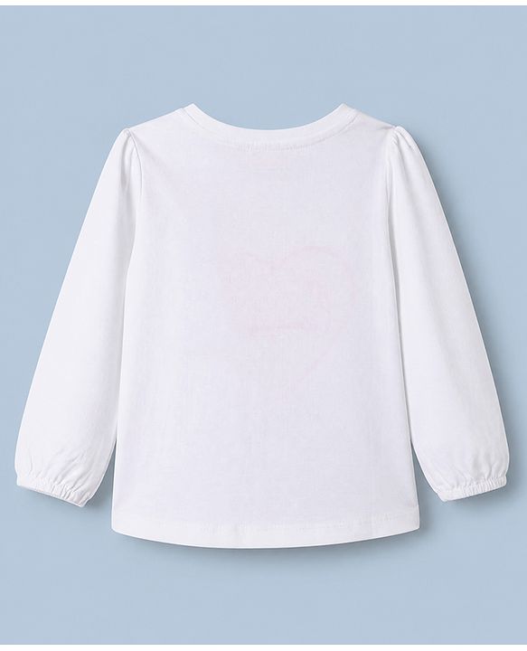 Babyhug 100% Cotton Knit T-Shirts with Full Peasant Sleeves and Love Heart Embroidery with Sequins - White