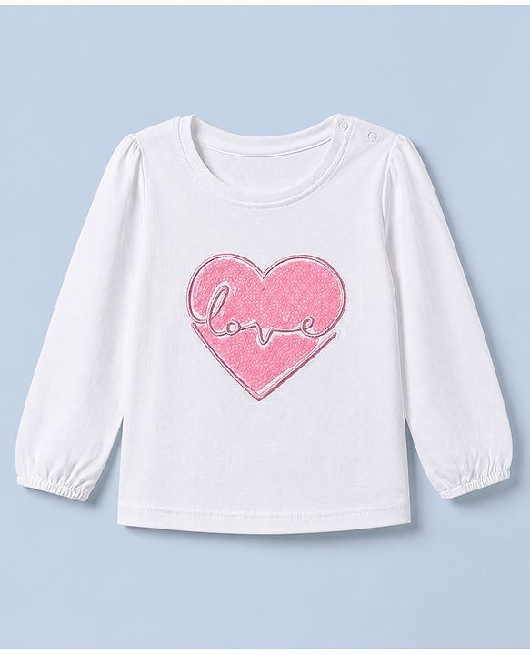 Babyhug 100% Cotton Knit T-Shirts with Full Peasant Sleeves and Love Heart Embroidery with Sequins - White