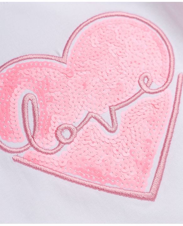 Babyhug 100% Cotton Knit T-Shirts with Full Peasant Sleeves and Love Heart Embroidery with Sequins - White