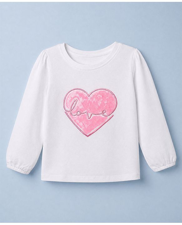 Babyhug 100% Cotton Knit T-Shirts with Full Peasant Sleeves and Love Heart Embroidery with Sequins - White