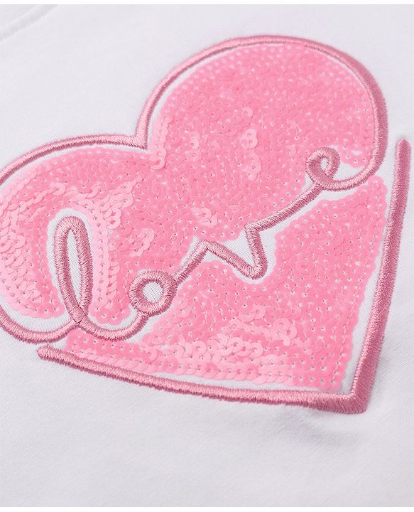 Babyhug 100% Cotton Knit T-Shirts with Full Peasant Sleeves and Love Heart Embroidery with Sequins - White