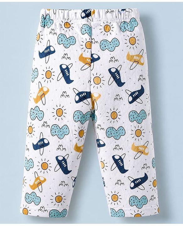 Babyhug Cotton Knit Full Sleeves Quilted Co-Ords T-Shirt & Pyjama Winter Wear Night Suit with Aeroplane Print - White