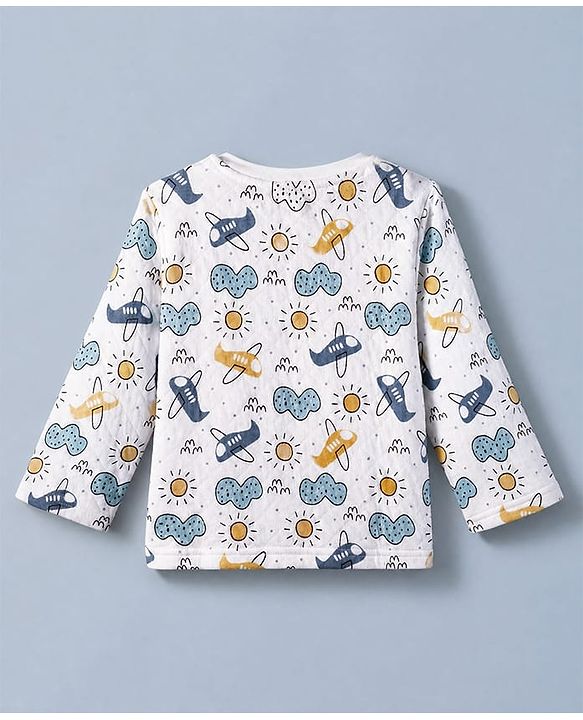 Babyhug Cotton Knit Full Sleeves Quilted Co-Ords T-Shirt & Pyjama Winter Wear Night Suit with Aeroplane Print - White