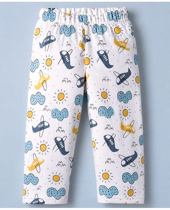 Babyhug Cotton Knit Full Sleeves Quilted Co-Ords T-Shirt & Pyjama Winter Wear Night Suit with Aeroplane Print - White