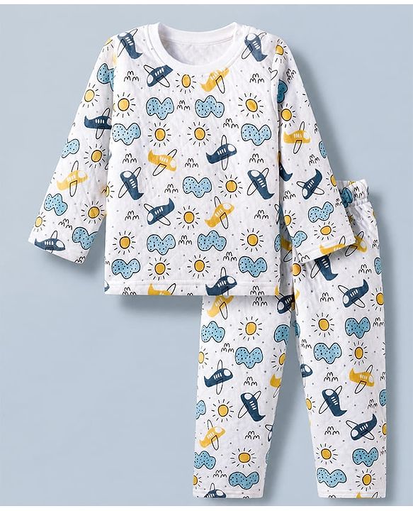 Babyhug Cotton Knit Full Sleeves Quilted Co-Ords T-Shirt & Pyjama Winter Wear Night Suit with Aeroplane Print - White