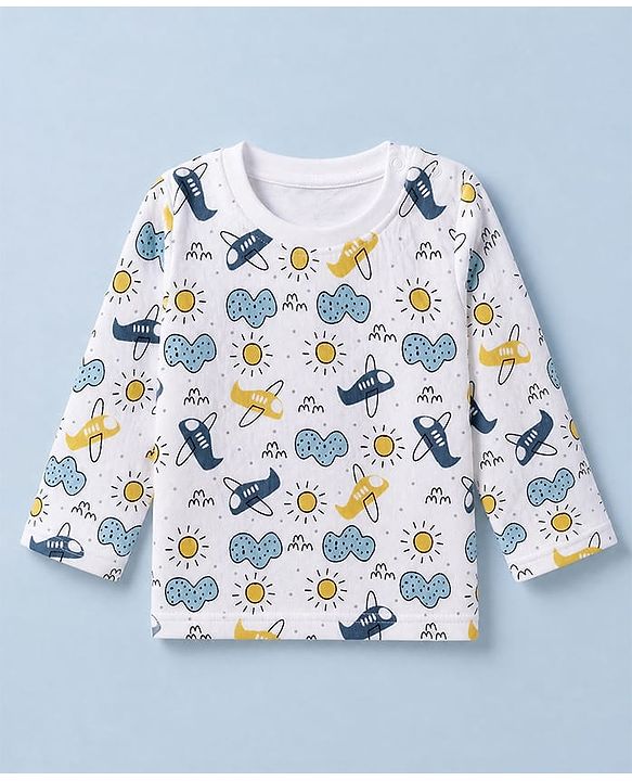 Babyhug Cotton Knit Full Sleeves Quilted Co-Ords T-Shirt & Pyjama Winter Wear Night Suit with Aeroplane Print - White