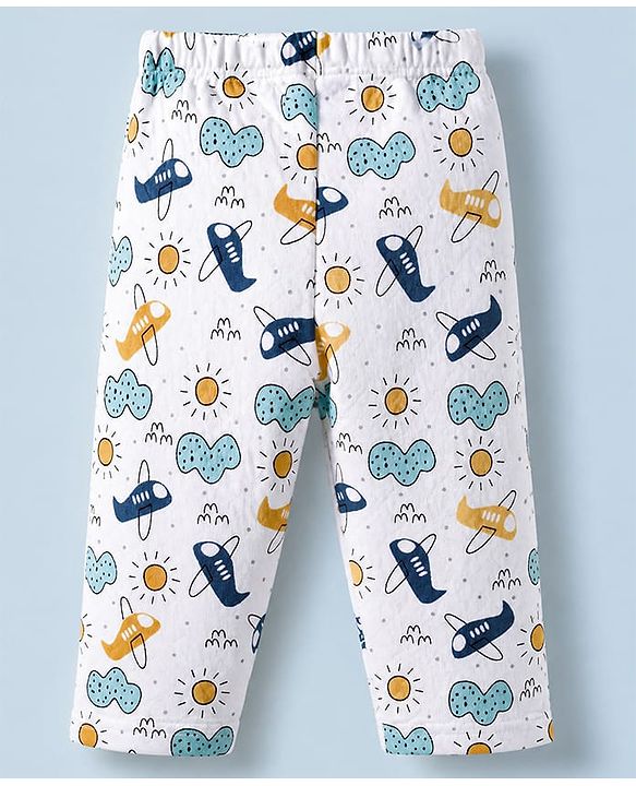 Babyhug Cotton Knit Full Sleeves Quilted Co-Ords T-Shirt & Pyjama Winter Wear Night Suit with Aeroplane Print - White