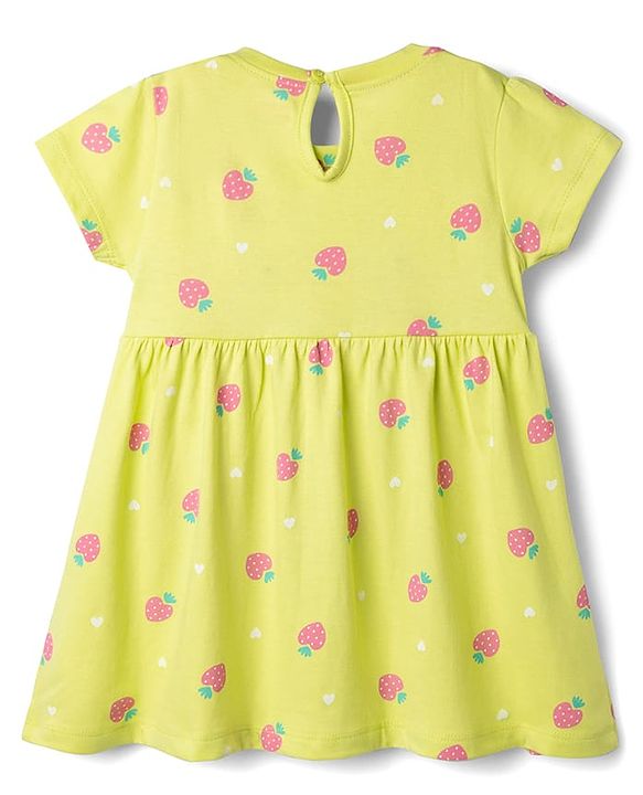 Babyhug Single Jersey Knit Half Sleeves Frocks With Polka Dot, Strawberry Print & Bow Applique Pack of 2 - Pink & Yellow