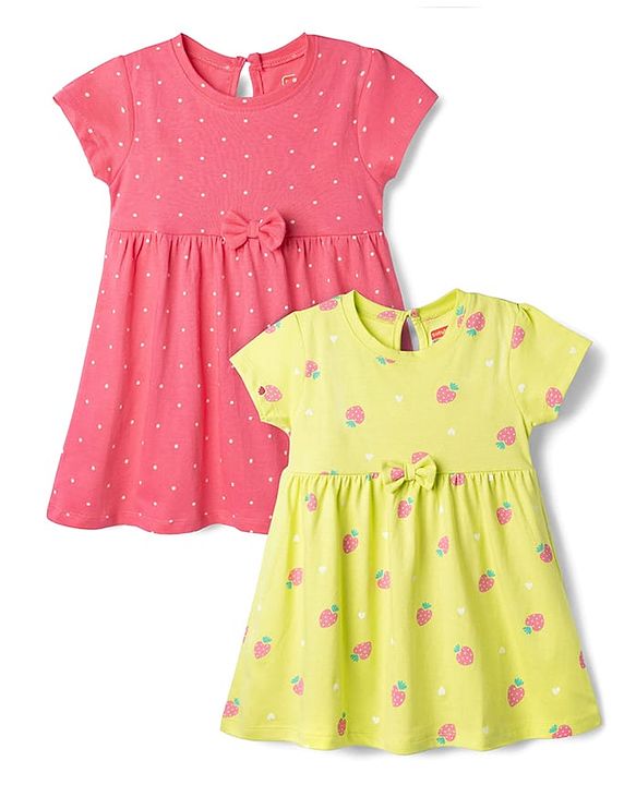 Babyhug Single Jersey Knit Half Sleeves Frocks With Polka Dot, Strawberry Print & Bow Applique Pack of 2 - Pink & Yellow