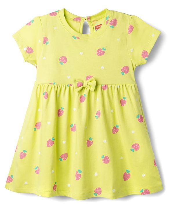 Babyhug Single Jersey Knit Half Sleeves Frocks With Polka Dot, Strawberry Print & Bow Applique Pack of 2 - Pink & Yellow