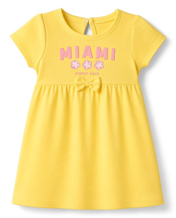 Babyhug Single Jersey Knit Half Sleeves Frocks With Polka Dot, Text Print & Bow Applique Pack of 2 - Pink & Yellow