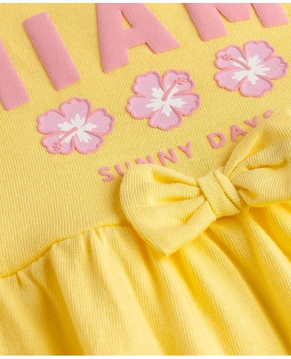 Babyhug Single Jersey Knit Half Sleeves Frocks With Polka Dot, Text Print & Bow Applique Pack of 2 - Pink & Yellow