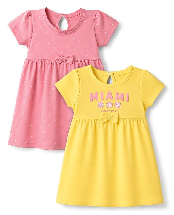 Babyhug Single Jersey Knit Half Sleeves Frocks With Polka Dot, Text Print & Bow Applique Pack of 2 - Pink & Yellow
